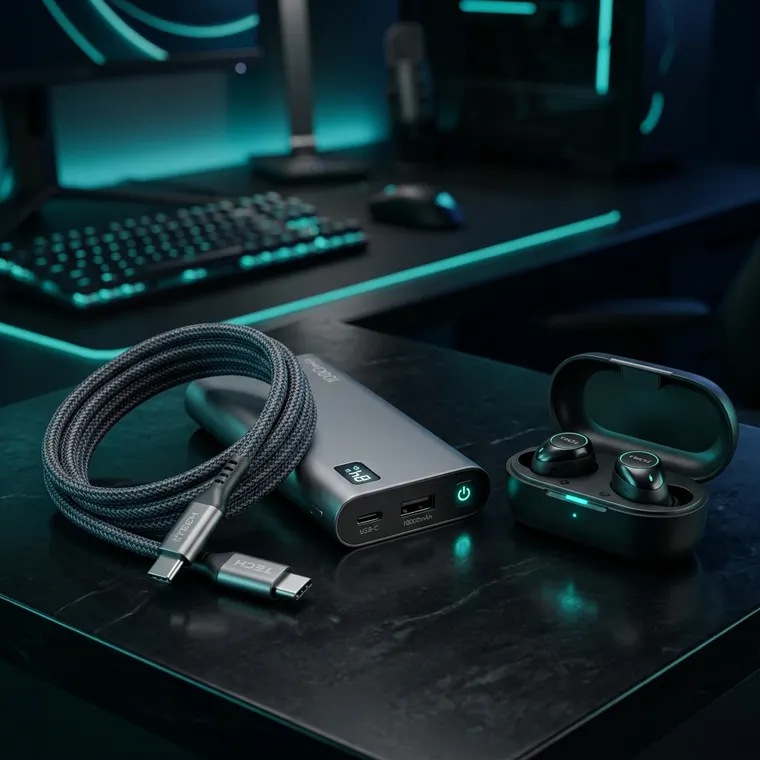 Power bank, cable trenzado y audífonos TWS de TechAuraz