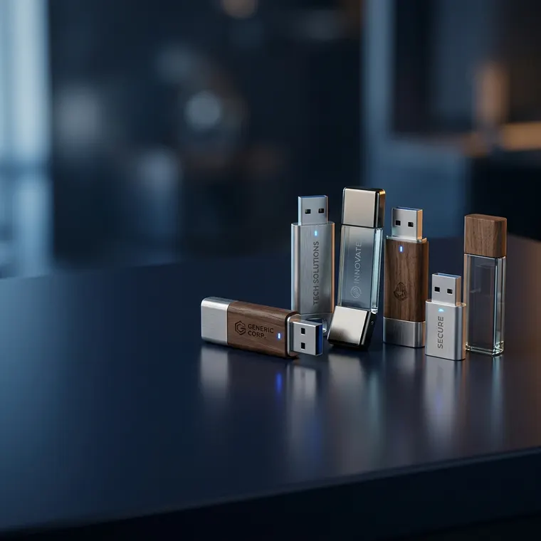Memorias USB personalizadas premium de TechAuraz sobre escritorio